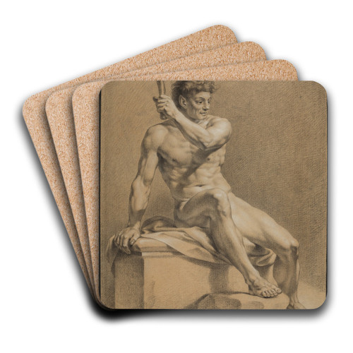 Sitzender mnnlicher Akt, schrg nach rechts, mit der Linken eine Keule emporhaltend by Philipp Jakob Becker Art Drink Coaster set