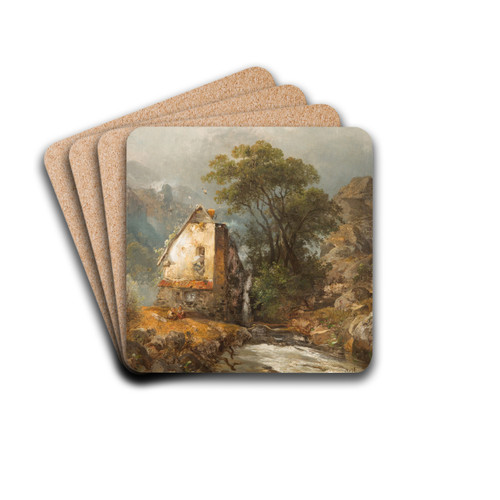 Mill by a stream by Carl Hilgers Drink Coasters - set of 4