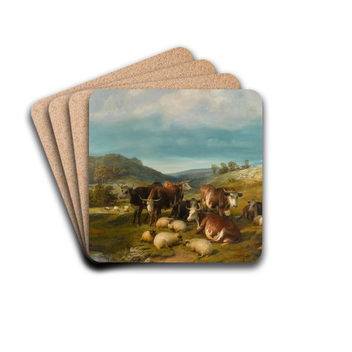 Cattle and Sheep at a Watering Place by Thomas Sidney Cooper Drink Coasters - set of 4