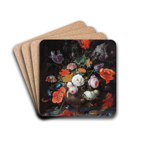 Still Life with Flowers and a Watch by Abraham Mignon Drink Coasters - set of 4 Still Life with Flowers and a Watch by Abraham Mignon Drink Coasters - set of 4
