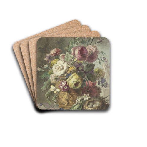 Blumenstrau in einem figurativ mit einem Putto gestaltenen Topf, dabei ein Vogelnest, im Hintergrund eine Statue by Willem van Leen Drink Coasters - set of 4 Blumenstrau in einem figurativ mit einem Putto gestaltenen Topf, dabei ein Vogelnest, im Hintergrund eine Statue by Willem van Leen Drink Coasters - set of 4