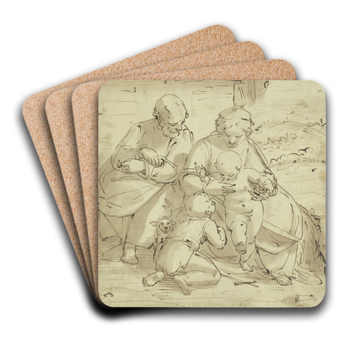 Die Heilige Familie mit dem Johannesknaben vor einer Mauer mit Sulenfu by Luca Cambiaso Art Drink Coaster set
