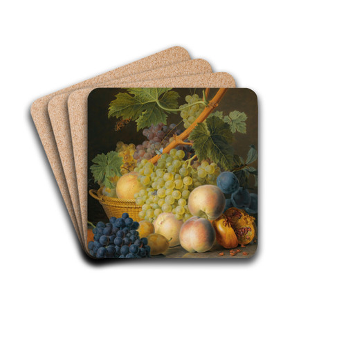 A Still Life With Grapes AndPeaches In A Basket, An Open Pomegranate, Plums, Black Grapes And More Peaches, AllOn A Marble Ledge by Jan Frans van Dael Drink Coasters - set of 4