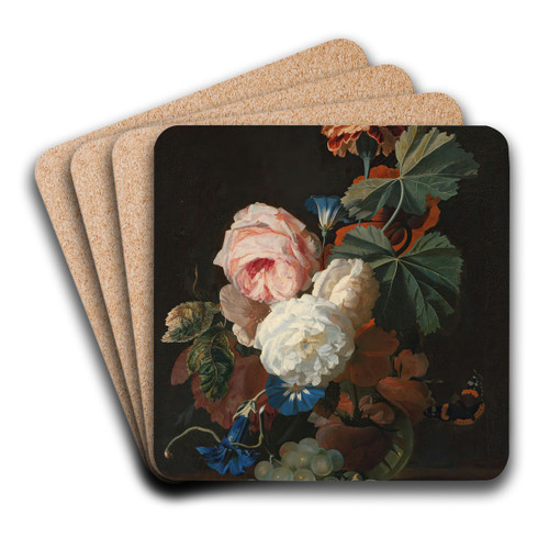 Roses, columbine, and poppies in a glass vase on a marble ledge with some grapes by Simon Verelst Art Drink Coaster set