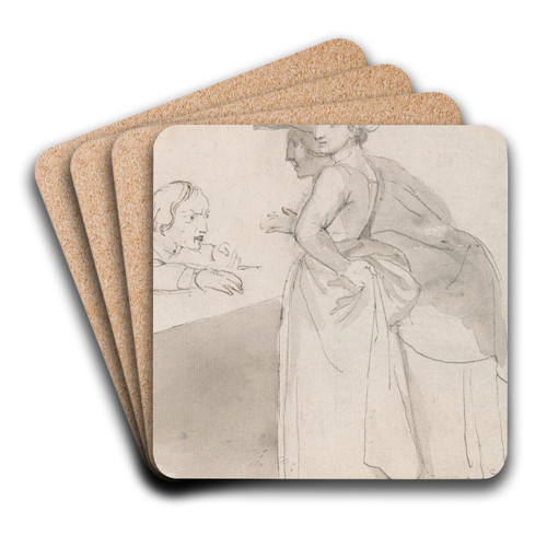 Two Women Talking to a Man at a Counter by John Flaxman Art Drink Coaster set