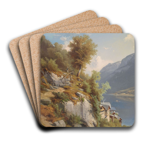 Sommerliche Landschaft mit Blick auf den Hallsttter See by Leopold Munsch Art Drink Coaster set