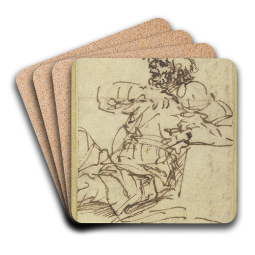 A man seated against a block on the right by Salvator Rosa Art Drink Coaster set