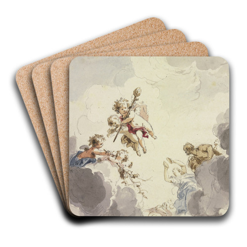 Amoretten mit einem Thyrsusstab und Bacchanten in Wolken by Jacob de Wit Art Drink Coaster set Amoretten mit einem Thyrsusstab und Bacchanten in Wolken by Jacob de Wit Art Drink Coaster set
