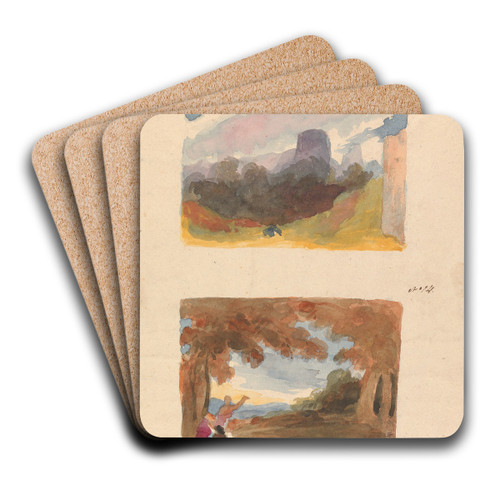 Landscape with Castle - Modern Manner (no. 13); Landscape with Figures in Foreground by Thomas Sully Art Drink Coaster set