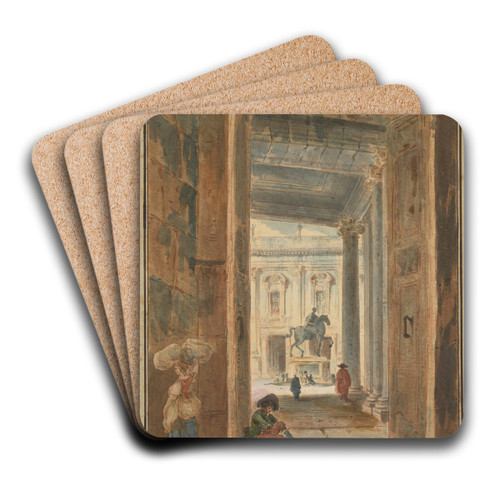 View of the Campidoglio with the Statue of Marcus Aurelius by Hubert Robert Art Drink Coaster set