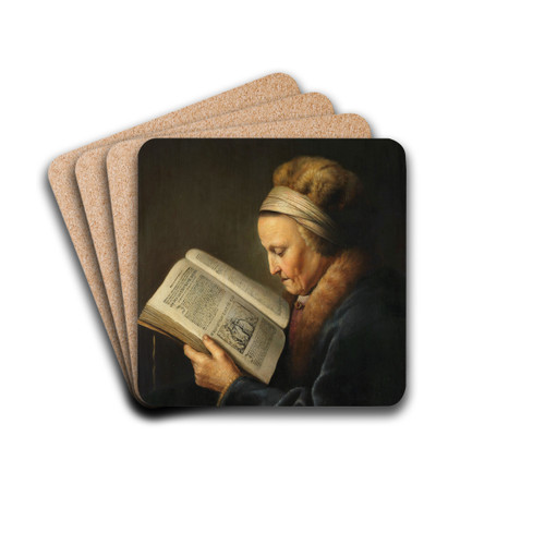 Old Woman Reading by Gerrit Dou Drink Coasters - set of 4 Old Woman Reading by Gerrit Dou Drink Coasters - set of 4