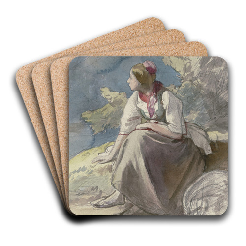 Bauernmdchen nach links, auf einer Rasenbank sitzend by Jakob Becker Art Drink Coaster set