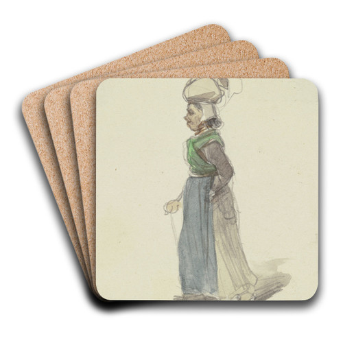 Bauersfrau, mit einem Sack auf dem Kopf und einem Stock in der Hand nach links gehend by Jakob Frchtegott Dielmann Art Drink Coaster set