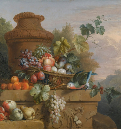 Still Life With A Basket Of Fruit, A ParrotAnd An Urn On A Carved Stone Ledge by Follower of Jakob Bogdny Art Print Download
