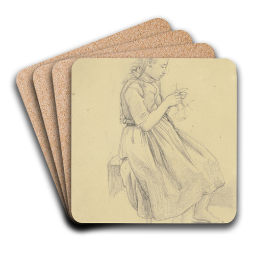 Strickendes Mdchen in Tracht by Jakob Becker Art Drink Coaster set Strickendes Mdchen in Tracht by Jakob Becker Art Drink Coaster set