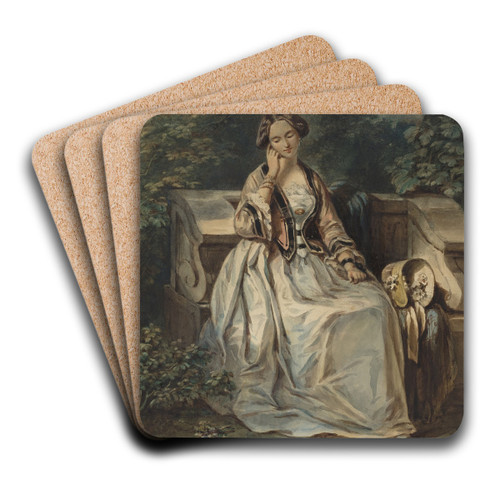 Woman Seated In A Bower by Eugne Devria Art Drink Coaster set Woman Seated In A Bower by Eugne Devria Art Drink Coaster set