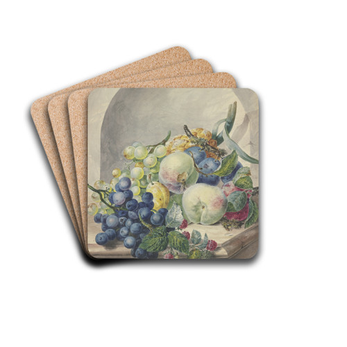 Fruchtstck in einer Nische auf einem Marmortische, Pflaumen, Pfirsiche, Trauben und Brombeeren by Paul Theodor Van Brussel Drink Coasters - set of 4 Fruchtstck in einer Nische auf einem Marmortische, Pflaumen, Pfirsiche, Trauben und Brombeeren by Paul Theodor Van Brussel Drink Coasters - set of 4