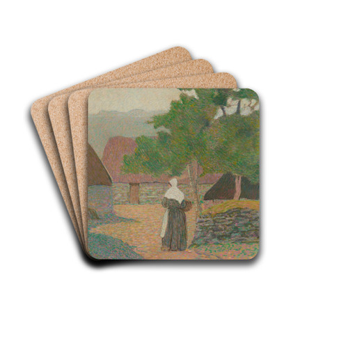 Paysage, paysanne allant  sa ferme by Henri Delavalle Drink Coasters - set of 4 Paysage, paysanne allant  sa ferme by Henri Delavalle Drink Coasters - set of 4