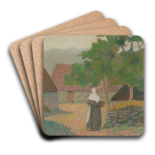 Paysage, paysanne allant  sa ferme by Henri Delavalle Art Drink Coaster set Paysage, paysanne allant  sa ferme by Henri Delavalle Art Drink Coaster set
