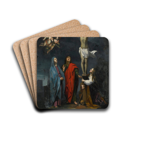 Christ On The Cross With Saint John And Mary Magdalene by Follower Of Jacques Stella Drink Coasters - set of 4