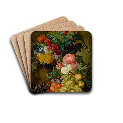 Elaborate Still Life Of Flowers And Fruit Resting On A Stone Ledge, A Wooded Landscape Beyond by Georgius Jacobus Johannes van Os Drink Coasters - set of 4