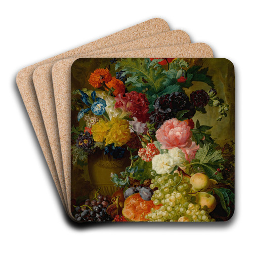 Elaborate Still Life Of Flowers And Fruit Resting On A Stone Ledge, A Wooded Landscape Beyond by Georgius Jacobus Johannes van Os Art Drink Coaster set