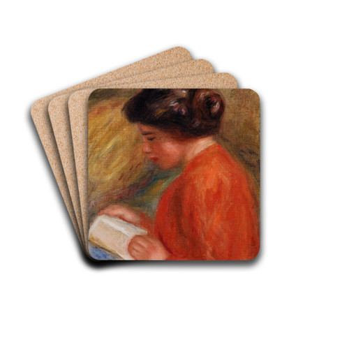 Young Woman Reading (Jeune femme lisant, buste) by Pierre-Auguste Renoir Drink Coasters - set of 4