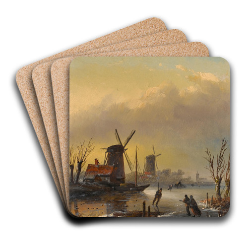 Figures on a Dutch frozen waterway by Jan Jacob Coenraad Spohler Art Drink Coaster set Figures on a Dutch frozen waterway by Jan Jacob Coenraad Spohler Art Drink Coaster set