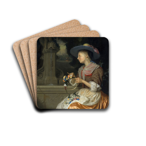 Woman Weaving a Crown of Flowers by Godfried Schalcken Drink Coasters - set of 4