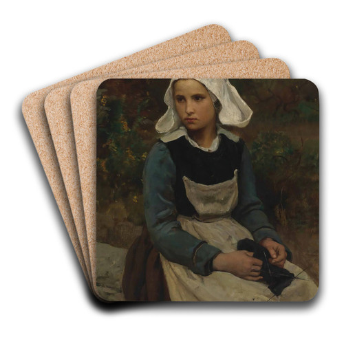 Young Brittany Girl Knitting by Jules Breton Art Drink Coaster set