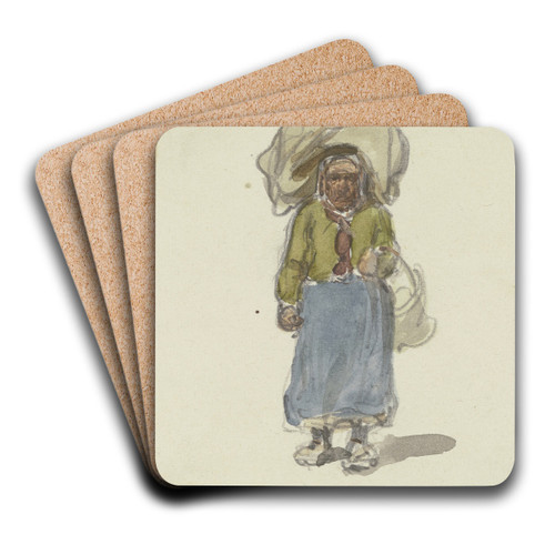 Altes Frau, einen Sack auf dem Kopf und einen Korb am Arm, von vorne gesehen by Jakob Frchtegott Dielmann Art Drink Coaster set