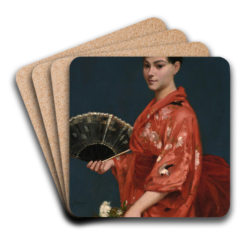 Young Woman in a Red Kimono by Frank Buchser Art Drink Coaster set