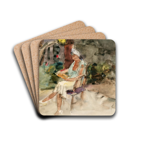 Lezende vrouw op een stoel in een tuin by Isaac Israls Drink Coasters - set of 4