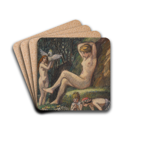 Frhlingsidylle mit Badender und Blumenkindern by Ludwig von Hofmann Drink Coasters - set of 4