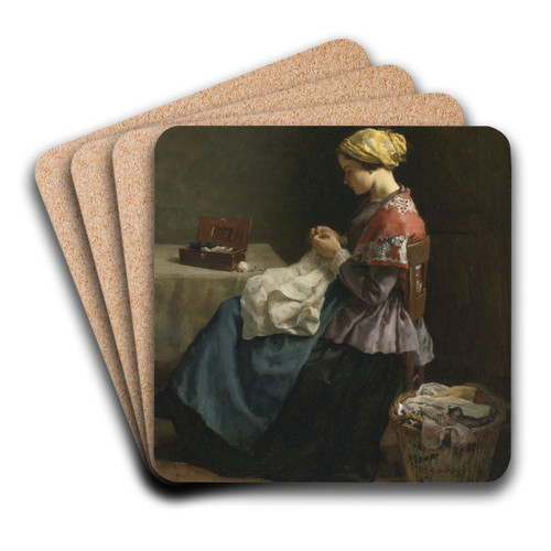 La petite couturire by Jules Breton Art Drink Coaster set