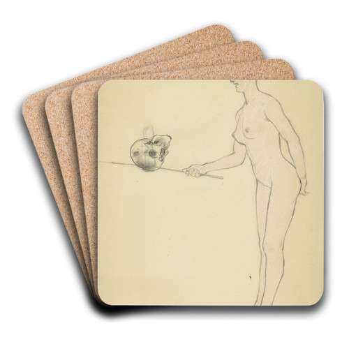Standing naked woman with a stick and a skull by Armand Rassenfosse Art Drink Coaster set