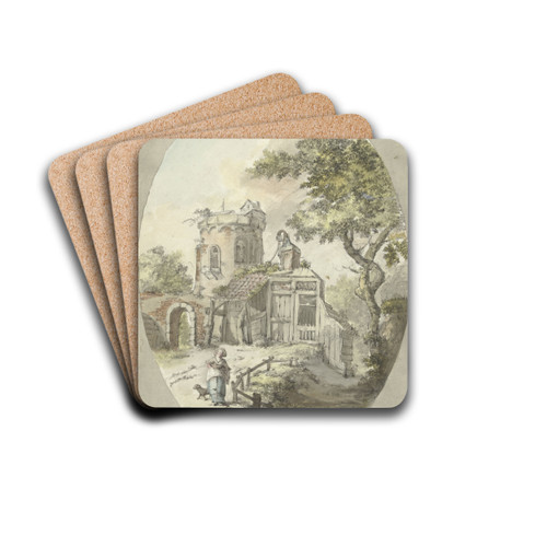 Vrouw met hond voor bouwval aan een toren by Pieter Bartholomeusz. Barbiers Drink Coasters - set of 4 Vrouw met hond voor bouwval aan een toren by Pieter Bartholomeusz. Barbiers Drink Coasters - set of 4