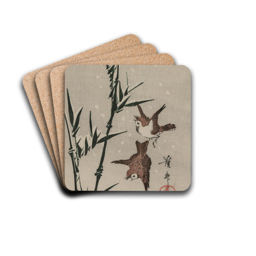 Sparrows, Bamboo and Falling Snow by Keisai Eisen Drink Coasters - set of 4