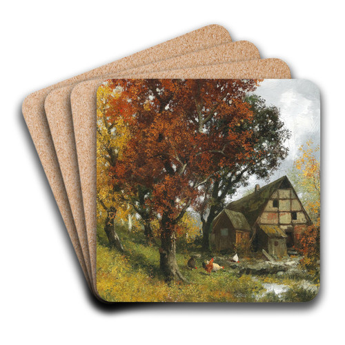 A Mill in an Autumnal Forest by Adolf Kaufmann Art Drink Coaster set