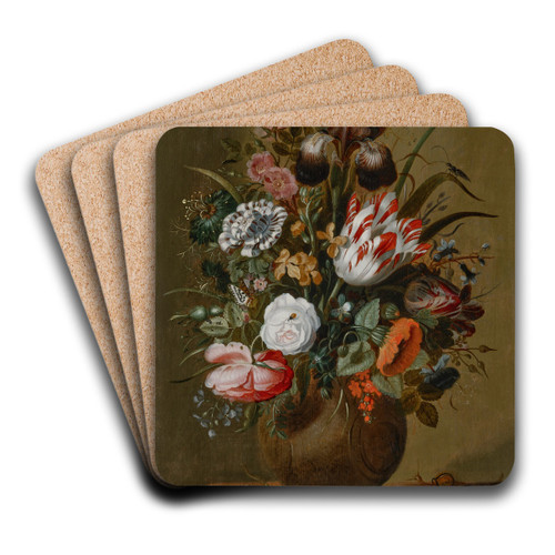Roses, tulips, an iris and other flowers in a stoneware vase on a ledge with a lizard, stag beetle and snail by Jacob Marrel Art Drink Coaster set Roses, tulips, an iris and other flowers in a stoneware vase on a ledge with a lizard, stag beetle and snail by Jacob Marrel Art Drink Coaster set