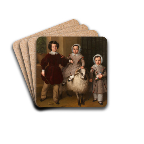 Children playing with a ram by Antonio Mara Esquivel Drink Coasters - set of 4