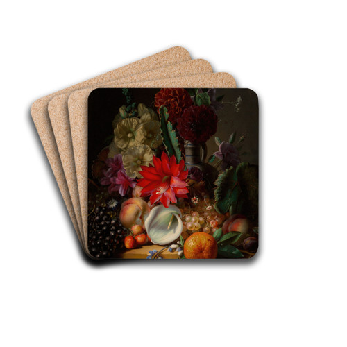 Still life with flowers and fruit on a ledge by Jean-Baptiste Robie Drink Coasters - set of 4