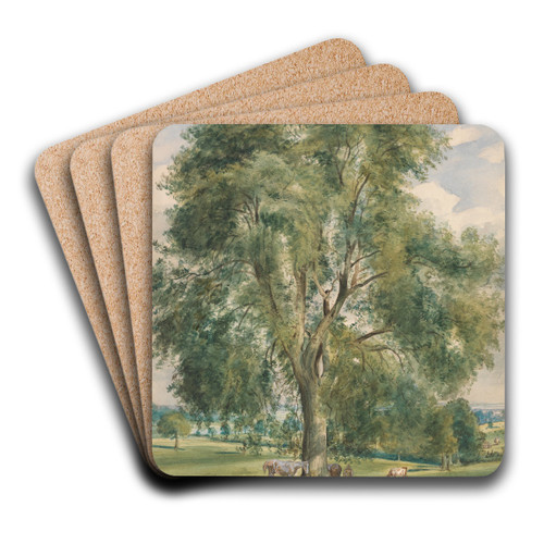 A Large Tree in a Summer Landscape, a Horse Standing at the Base by Lionel Constable Art Drink Coaster set