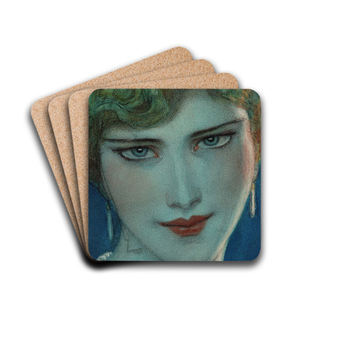 Face of blonde girl with earrings by Wladyslaw Theodore Benda Drink Coasters - set of 4