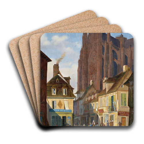 A street in Chartres with the Cathedral in the background by Giuseppe Canella Art Drink Coaster set