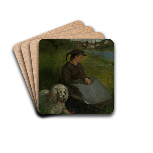 Agathe with white dog by Hans Thoma Drink Coasters - set of 4
