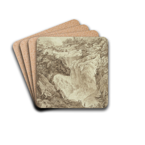 Wasserfall in einer Gebirgsschlucht, im Vordergrund vier Angler by Johann Heinrich West Drink Coasters - set of 4
