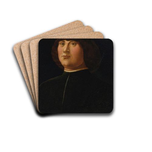 Portrait of a gentleman in a black cap with an elaborate zazzera by Alvise Vivarini Drink Coasters - set of 4