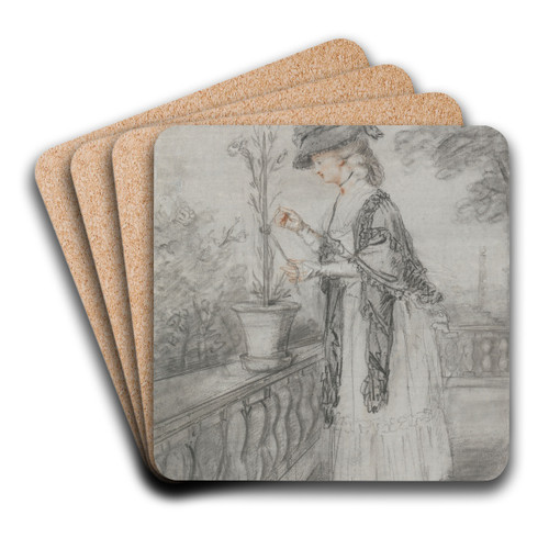 Lady on a Terrace Tending a Carnation Plant by John Raphael Smith Art Drink Coaster set Lady on a Terrace Tending a Carnation Plant by John Raphael Smith Art Drink Coaster set