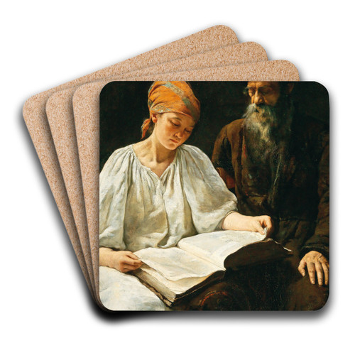 A girl reading by Romanian School Art Drink Coaster set